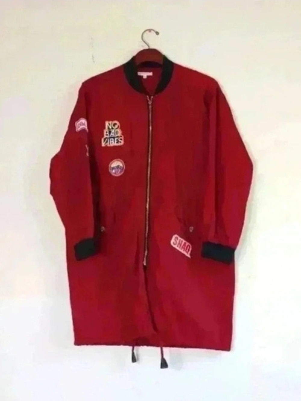 Veveret Women’s Red Long Bomber Jacket with Patch Details